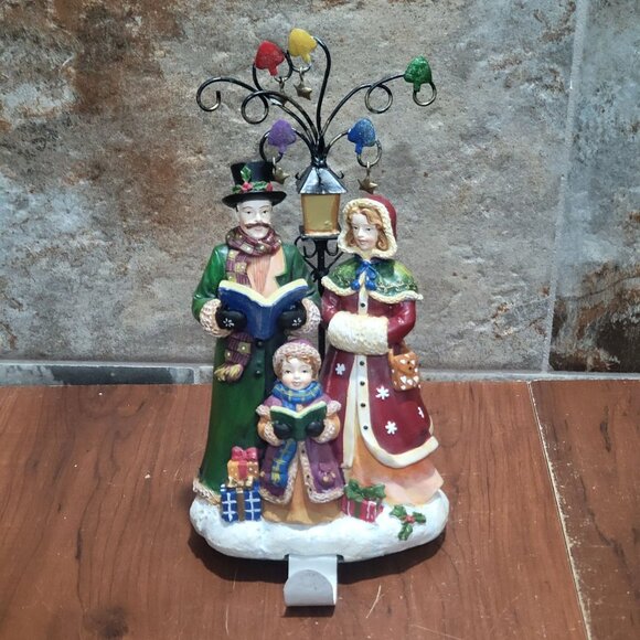 Christmas Caroling Resin Figurine Light Post Stocking Holder - Picture 1 of 11